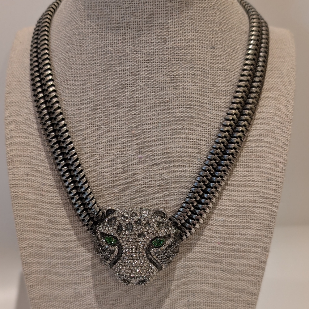 Elegant Silver and Green Panther Necklace